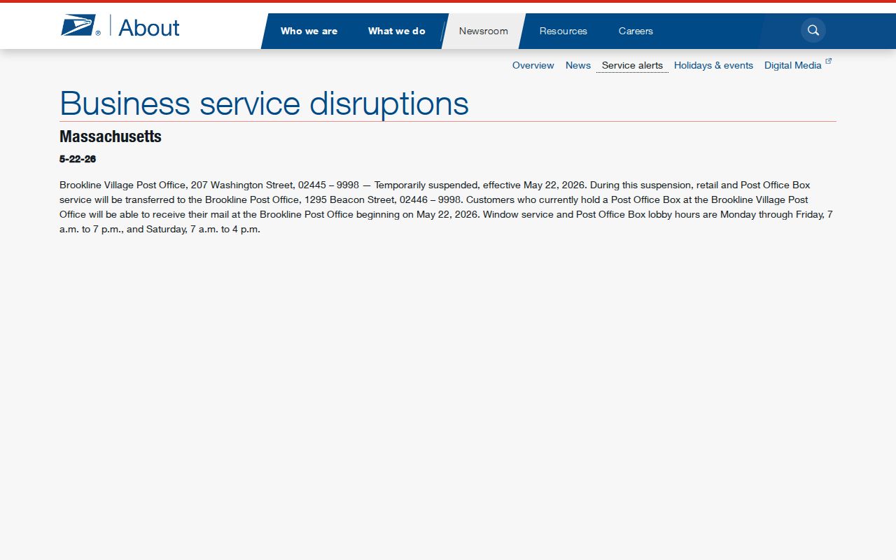 Brookline ZIP code directory USPS Massachusetts service alert